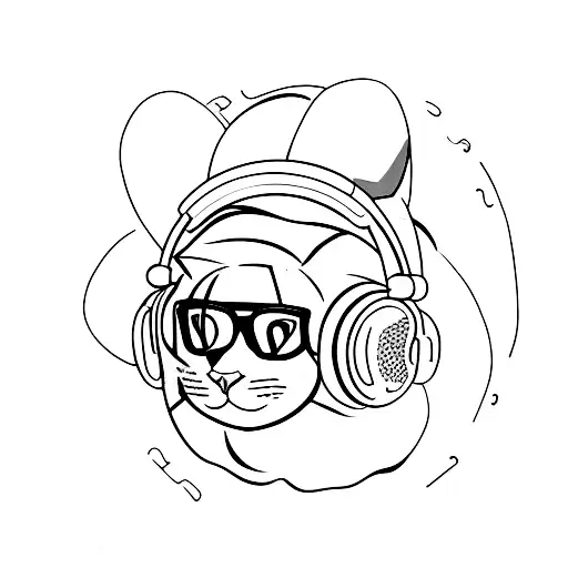 A Minimalist Tattoo Of A Cat Wearing Headphones And Listening To Rock Music