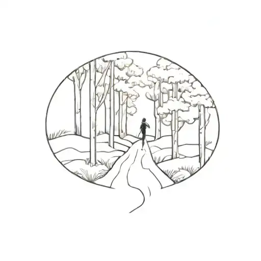 Forest Of Oak Trees With Path With Woman Walking