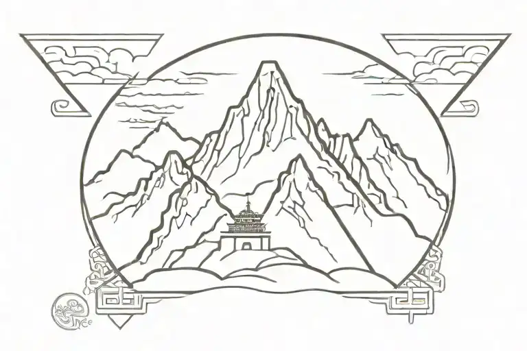 Nepalese Tattoo With Everest In The Background And A Temple In The Front