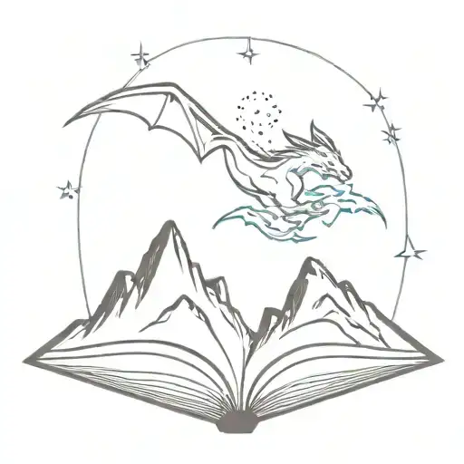 Open Book With Three Mountains And Stars And Dragons Flying