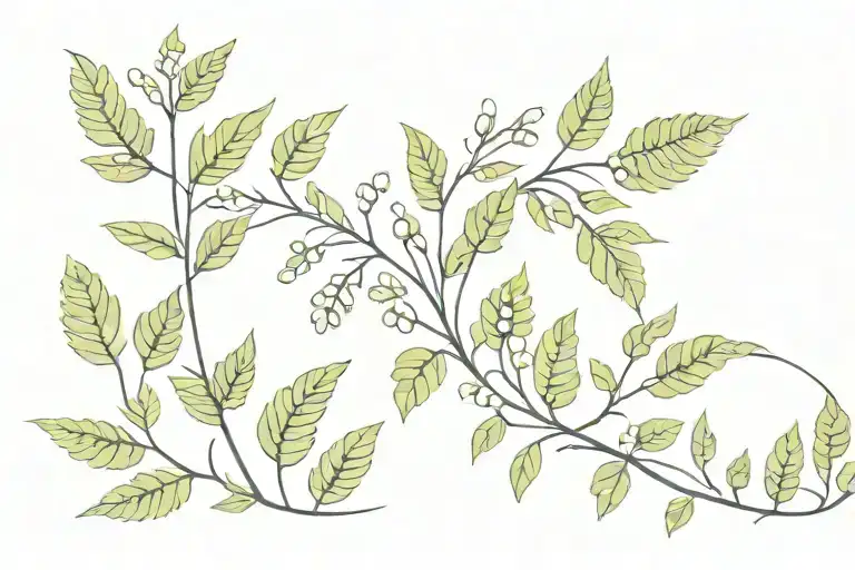 Small Flowers On Vine Aurrounded By Fern Leaf