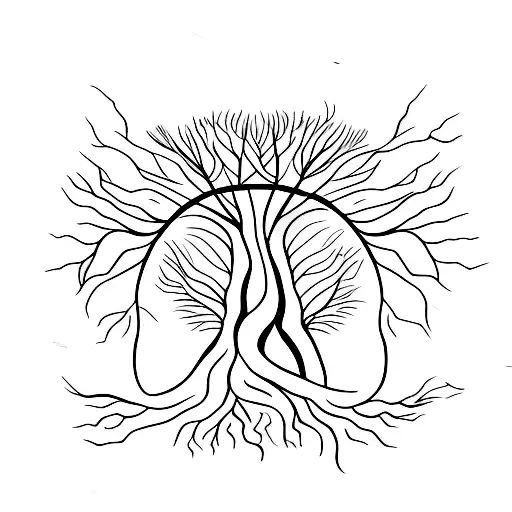 A Minimalist Tattoo Of A Tree With Roots That Transform Into Various Animals