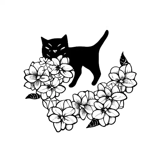 Black Cat With Hydrangeas