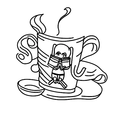 A Minimalist Tattoo Of An Anime Character Reading A Book With A Coffee Cup Beside Them