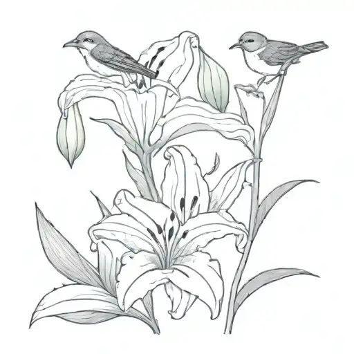 2 Lillies And A Sparrow Bird