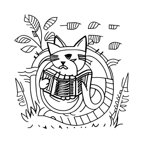 A Minimalistic Tattoo Of A Cat Playing The Accordion Surrounded By Plants And Water
