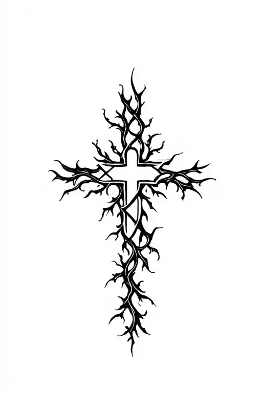Minimalistic Gothic Grunge Religious Cross Intertwined With Vines For A Spine