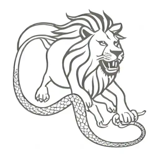 Lion Roaring With A Snake Wrapped Around It And A Starfish