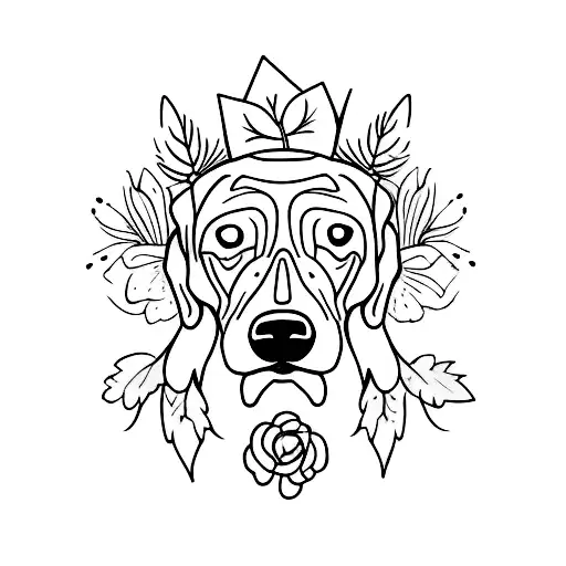 A Minimalist Tattoo Of A Dog Surrounded By Flowers And Leaves