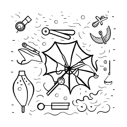 A Minimalist Tattoo Of A Beach Umbrella And Crafting Tools