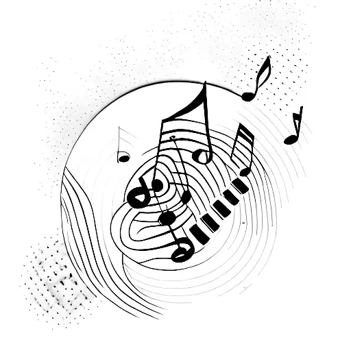 A Coffee Cup Surrounded By Musical Notes And Travel Stamps