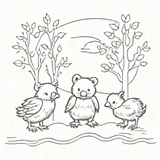 2 Baby Chicks And A Baby Bear Walking