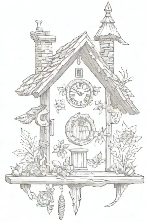 Cuckoo Clock With Edelweiss Surrounding And A Chimney Roof With Long Weights On The Bottom