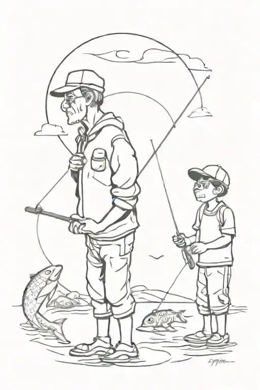 2 Brothers Grandpa Fishing Black And White Drawing