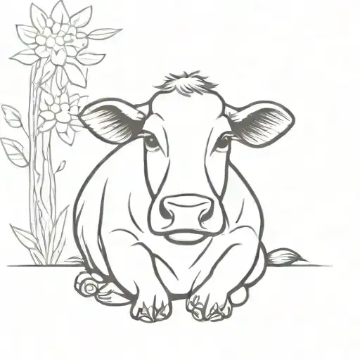 Cute Cow Sits Half Sitting Alone