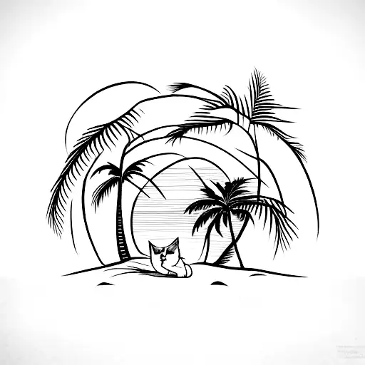 A Serene Beach Scene With A Cat Lounging Under A Palm Tree