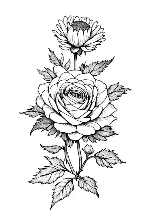 Chrysanthemum And A Rose In A Delicate Linework Style