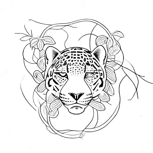 A Minimalist Outline Of A Resting Jaguar Intertwined With Elegant Floral Vines