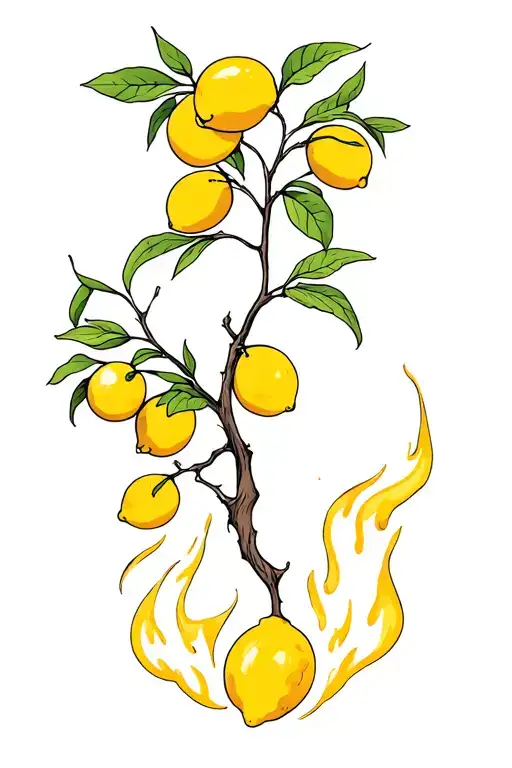 Lemon Tree With Lemons On It And A Lemon Falling Down That Is On Fire