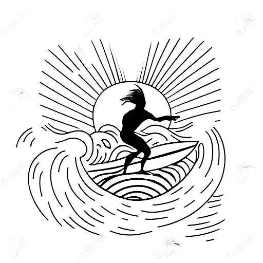 A Minimalist Tattoo Of A Surfer Catching A Wave At Sunset