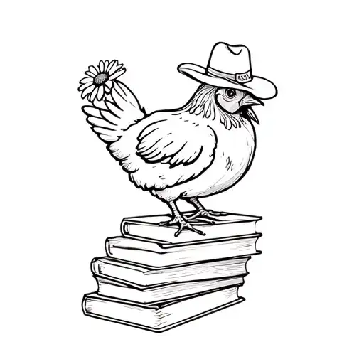 Chicken With Cowgirl Hat Standing On A Stack Of Books With A Daisy In Its Beak