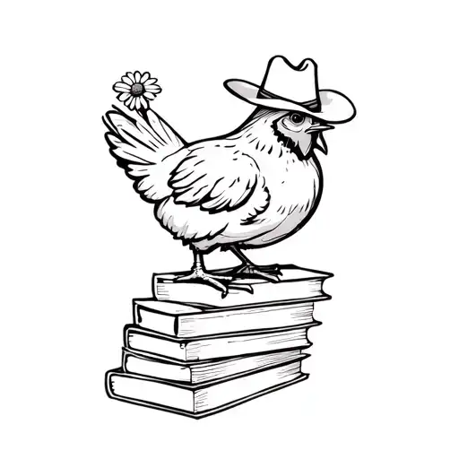 Chicken With Cowgirl Hat Standing On A Stack Of Books With A Daisy In Its Beak