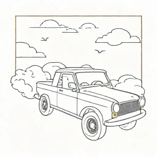 Illustrate A Minimalist Outline Of A Car Ascending Into The Sky Like It's Going To Heaven