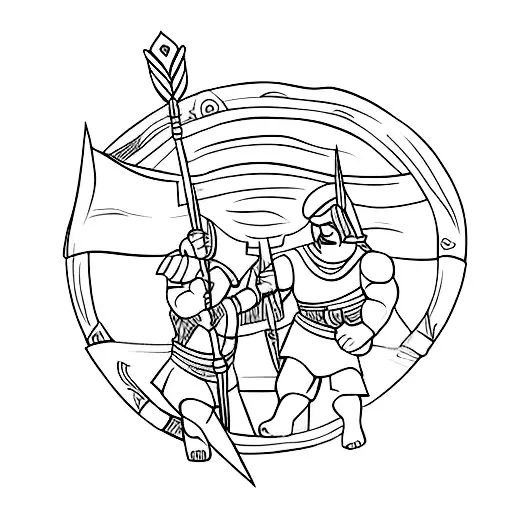 Two Muscular Spartans Friends With Spears Crossed