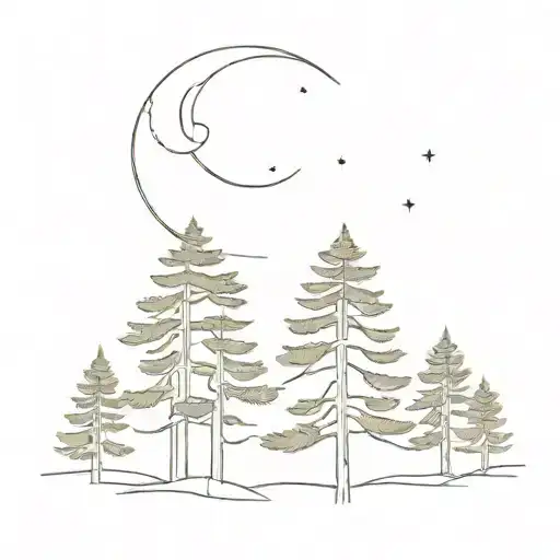 Three Cedar Trees With Waxing Crescent Moon