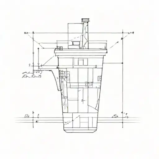 A Minimalist Tattoo Of A Blueprint Of A Historic Engineering Marvel With A Coffee Cup In The Corner