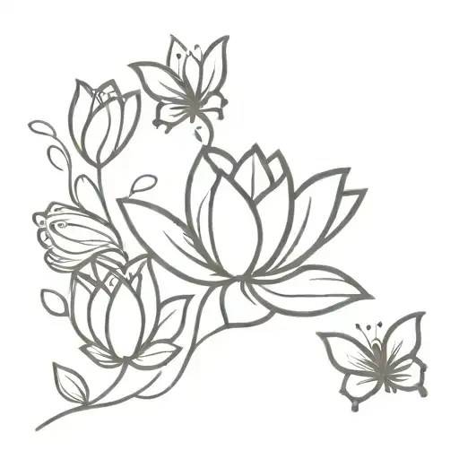 A Bloomed Lotus And Snall Butterflies Flying On Flower