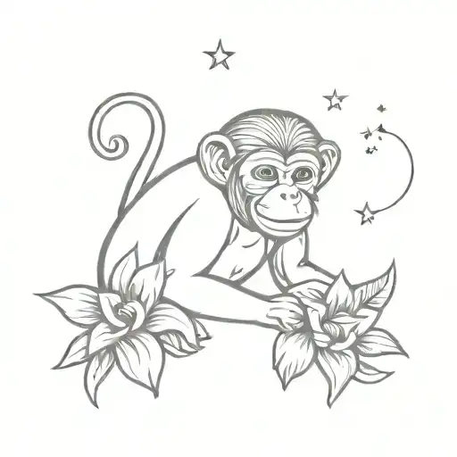 Monkey With Bali Flower With Stars Forming
