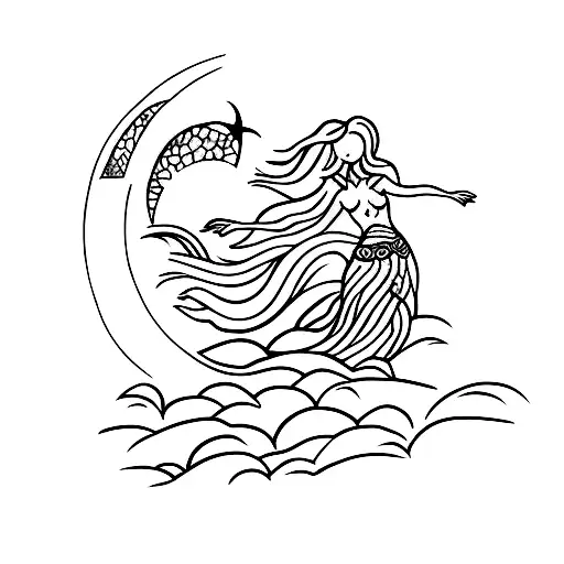 Silhouette Of Island With Moon And A Mermaid
