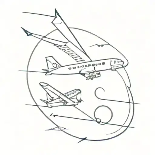 An Abstract Minimalist Tattoo Of A Plane Flying Over A Gym With Anime Elements