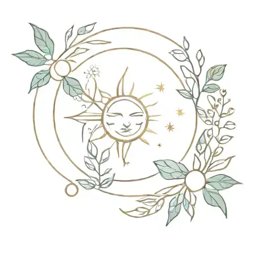 A Minimalist Design Of A Sun And Moon Intertwined With Plants And Crystals
