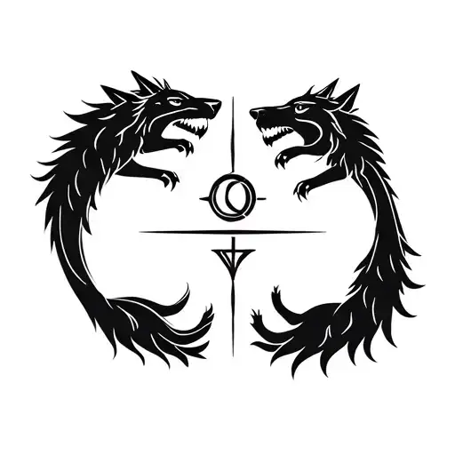 Twin Wolves Chasing Each Other In A Circle With The Norse Rune For Acceptance In The Centre