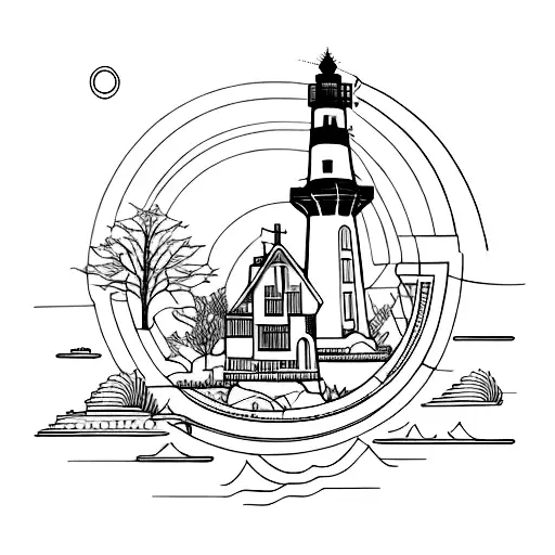 A Serene Garden With A Vibrant Red Lighthouse Standing Tall In The Background