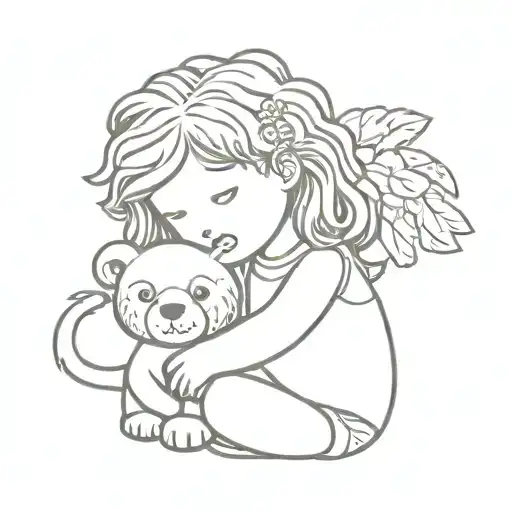 Little Girl With Culry Hair Holding A Lion Teddy Bear