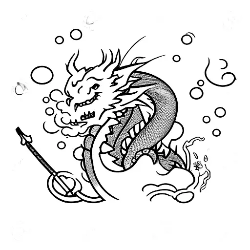 Dragon With Sword With Flowers With Lightning