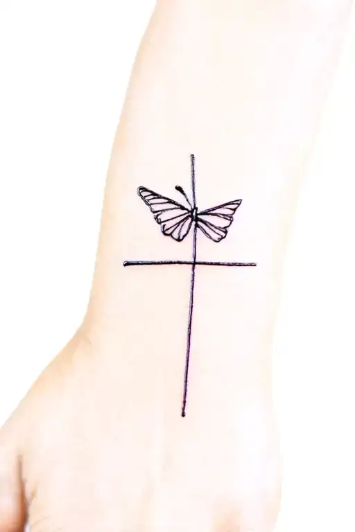 Simple Line Cross Tattoo With Butterfly