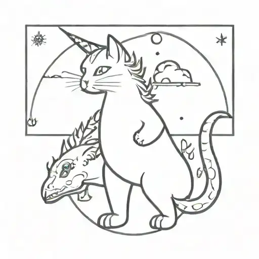 Cat Standing With A Dinosaur And A Unicorn