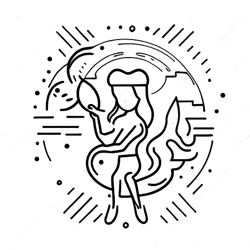 Girl Sitting On Crescent Moon Holding Fish Hook Attached To Saturn