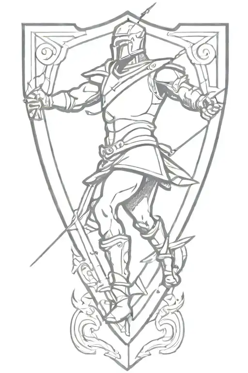 Sketch Of A Shield With A Fierce Aries Warrior Battling In A War Scene