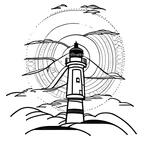 Outline Tattoo Of A Train Car In Front Of A Lighthouse With The Sun Rising Behind The Whole Scene