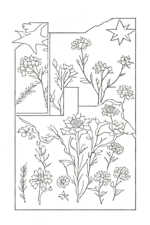 A Minimalist Design Of The State Of Texas Surrounded By Various Texas Wildflowers