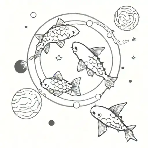 A Minimalist Design Featuring A Koi Fish Swimming Among The Planets Of The Solar System