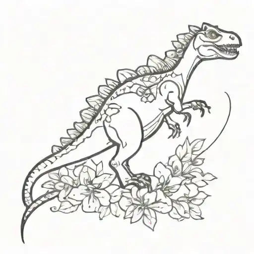 Black Ink Dinosaur With Flowers Intertwined