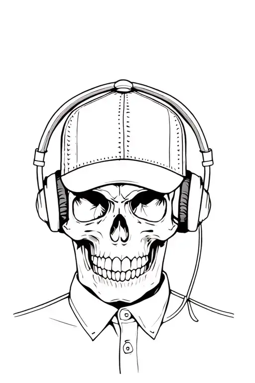 Outlines Of A Skull With Baseball Hat And Headphones And Only The Collar Of The Shirt
