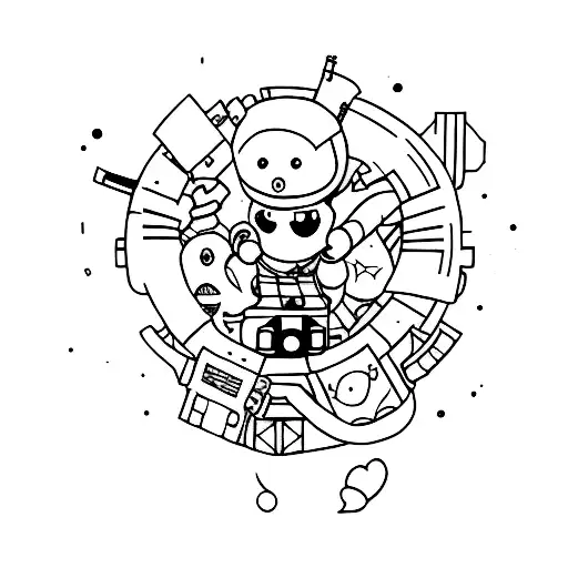 A Minimalist Tattoo Of A Dark Alley With Video Game Characters Lurking In The Shadows