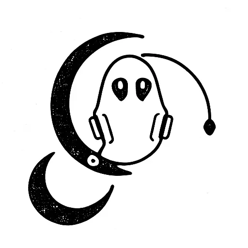 Cute Ghost Wearing Headphones On A Crescent Moon